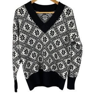 Brooks Brothers Wool Blend‎ Black & White Snowflake V-Neck Sweater Size Small